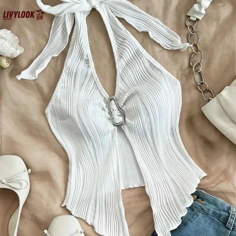 Blusa Halter Branca com Textura Plissada
