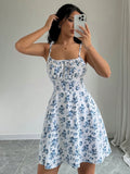 Vestido Floral Azul com Alças de Laço
