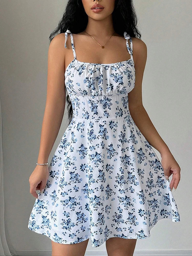 Vestido Floral Azul com Alças de Laço