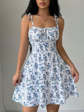 Vestido Floral Azul com Alças de Laço