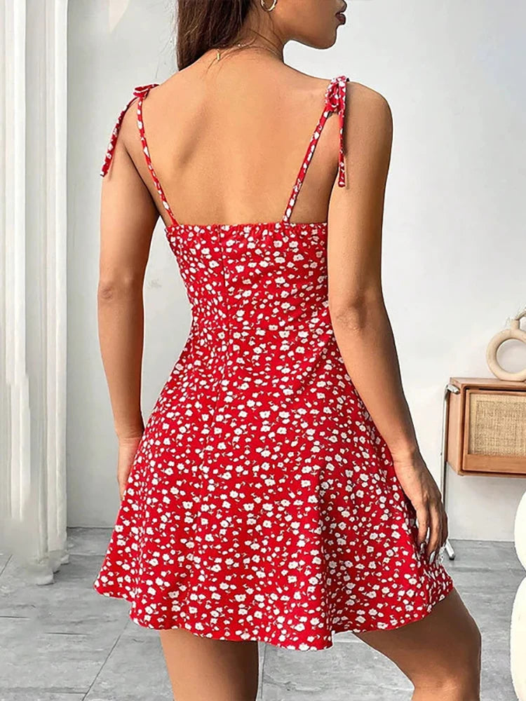 Vestido Floral Azul com Alças de Laço
