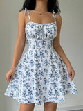 Vestido Floral Azul com Alças de Laço