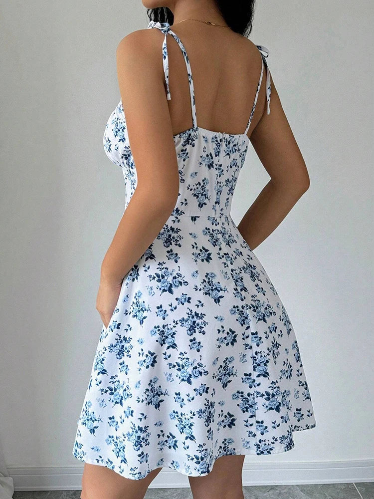 Vestido Floral Azul com Alças de Laço