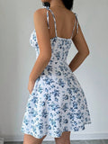 Vestido Floral Azul com Alças de Laço
