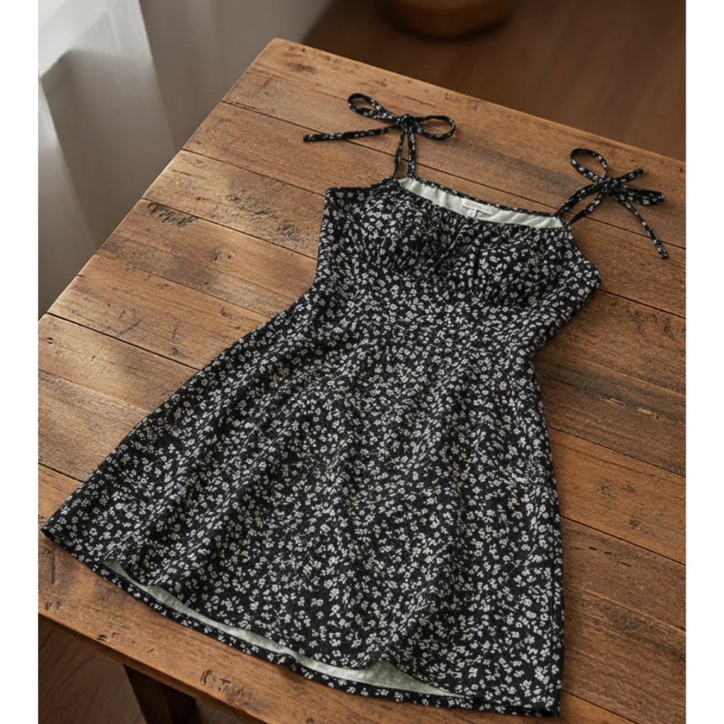 Vestido Floral Azul com Alças de Laço