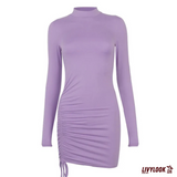 Vestido Justo com Manga Longa e Franzido Lateral